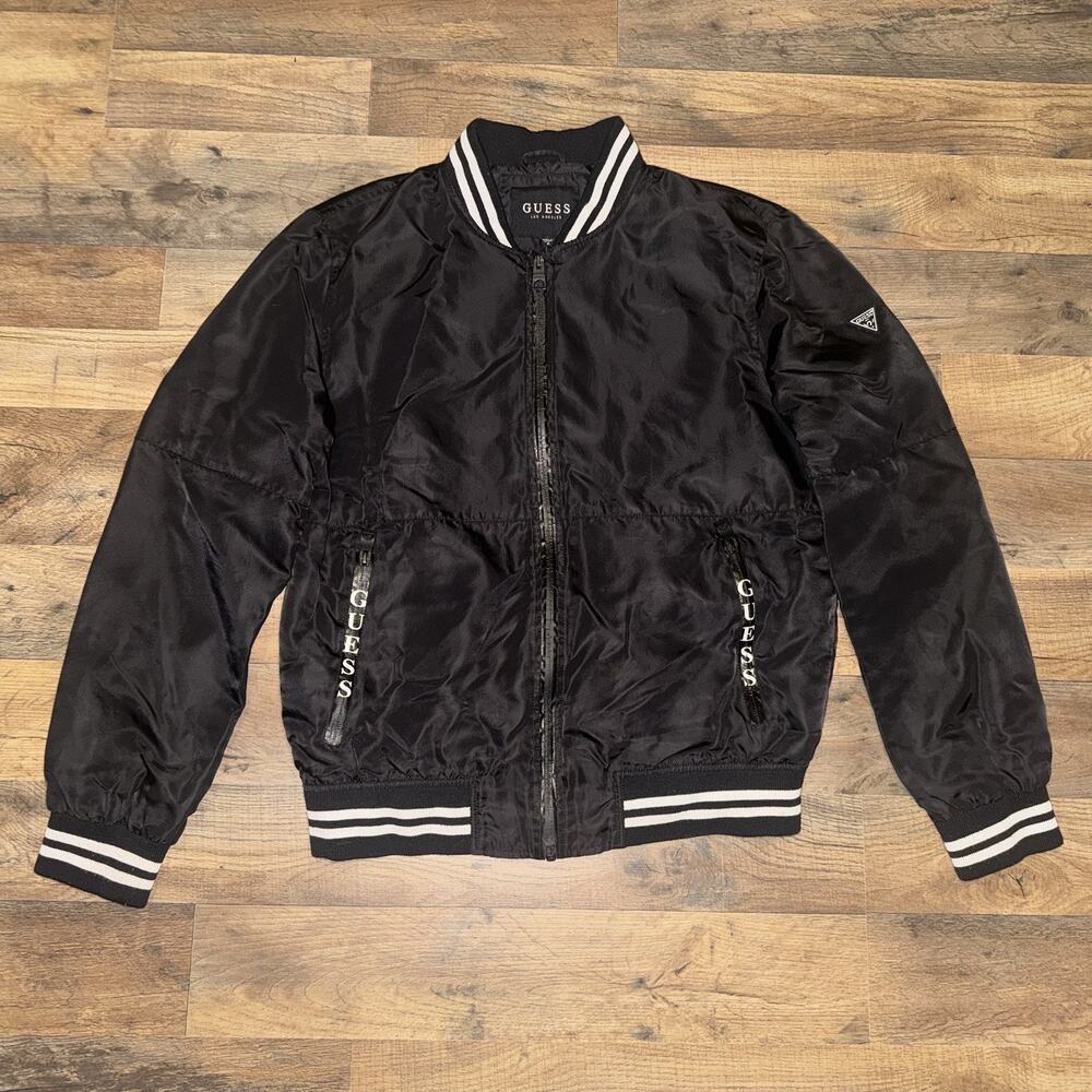GUESS Men's Black Bomber Jacket Striped Ribbing Zip Closure Logo Zipped Pockets